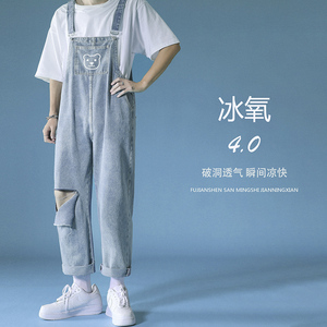 破洞牛仔背带裤 夏季新款中性印花9分吊带裤 B269-BD51- p68图片