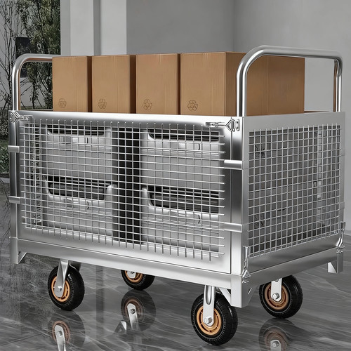 摆摊围栏车手推车折叠带护栏仓库万向轮超市中转推货车平板车