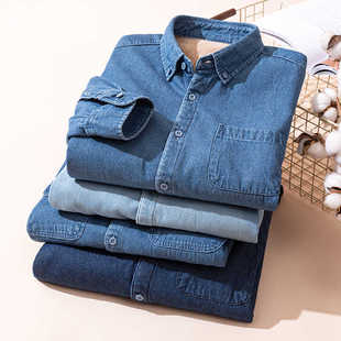 汉伟男式秋冬加绒加厚保暖牛仔衬衫牛仔衬衫男长袖棉衬衣外套男装