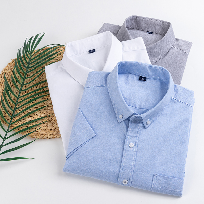 牛津纺修身青年纯色半袖白衬衫