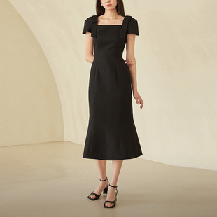 夏季2026新款女装优雅复古短袖黑色气质连衣裙长裙修身包臀鱼尾裙