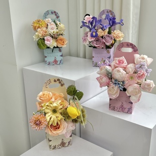 圣诞节花束手提袋鲜花包装DIY礼品袋插花盒手提花盒鲜花礼盒