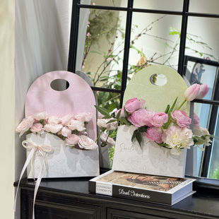 圣诞节鲜花手提袋花束包装盒花艺包装插花袋小支花盒鲜花礼盒