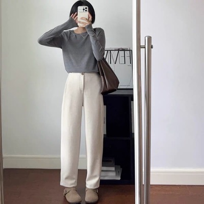 2025秋冬新款时尚百搭显瘦遮肉休闲裤慵懒风阔腿裤醋酸羊毛直筒裤