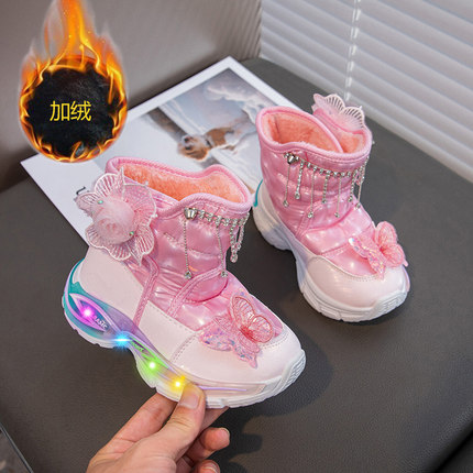 女童雪地靴2025秋冬新款儿童防滑靴子女孩加绒校园棉鞋公主发光鞋