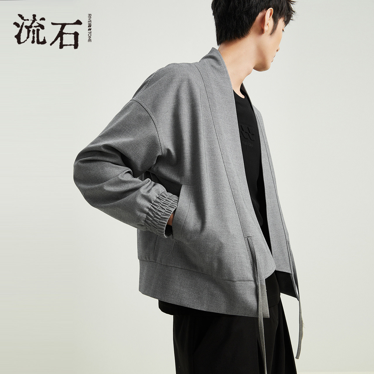 RS流石男装慵懒细纹系带梭织外套