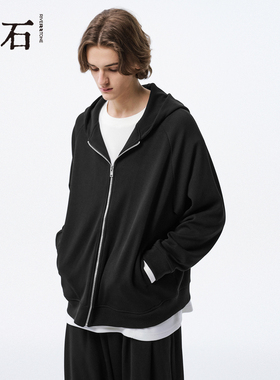 流石男装拉链长袖运动风卫衣外套2026年秋季新款男士黑色连帽开衫