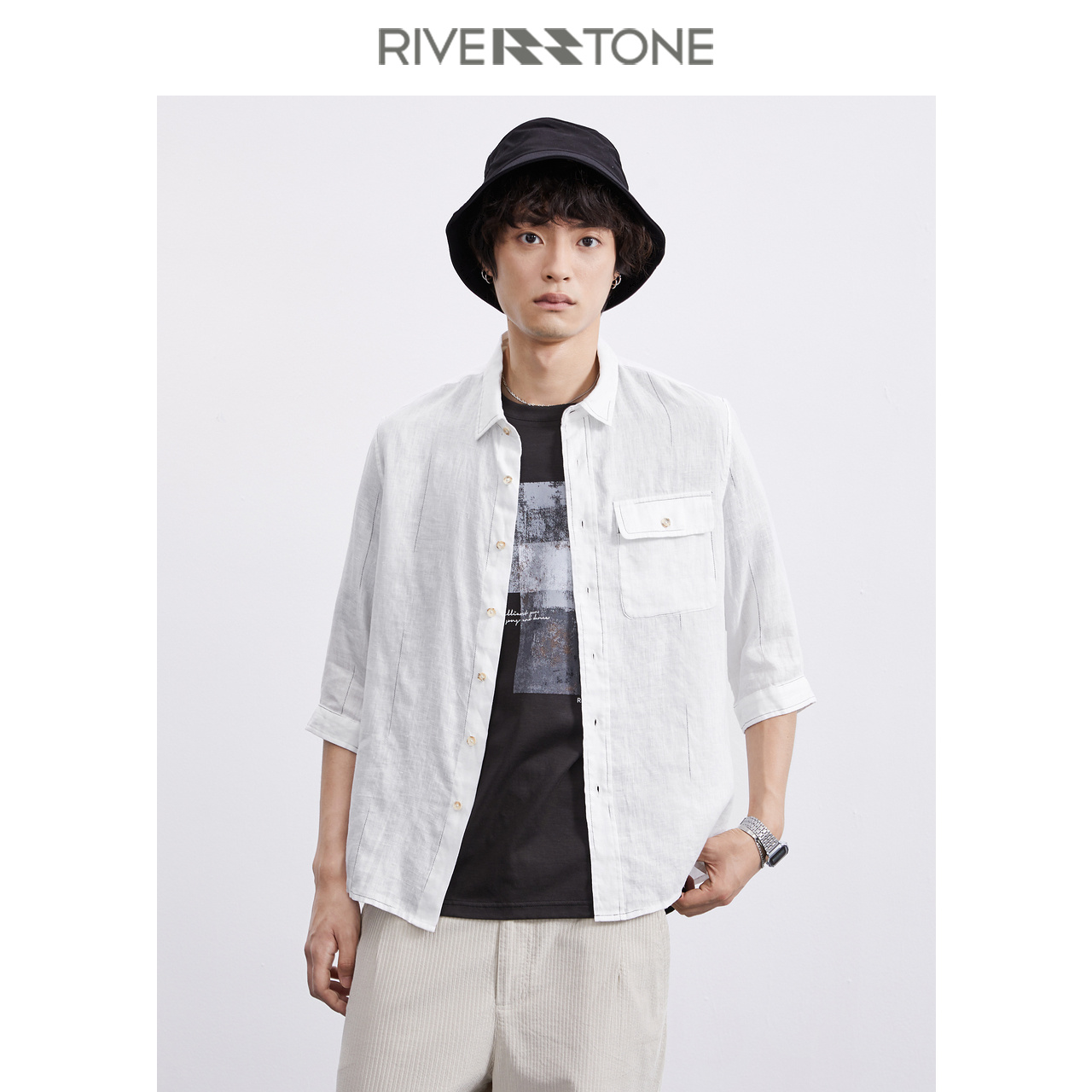 RS男装夏装高端亚麻白色半袖衬衫2023新款夏季男士时尚百搭衬衣潮
