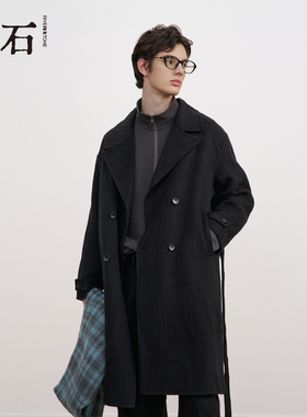 流石男装黑色条纹羊毛呢长款大衣2025年冬季新款男士保暖时尚外套