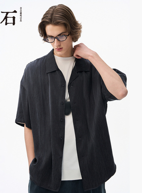 流石男装透气黑色经典短袖衬衫2026年夏季新款男士度假山本风衬衣