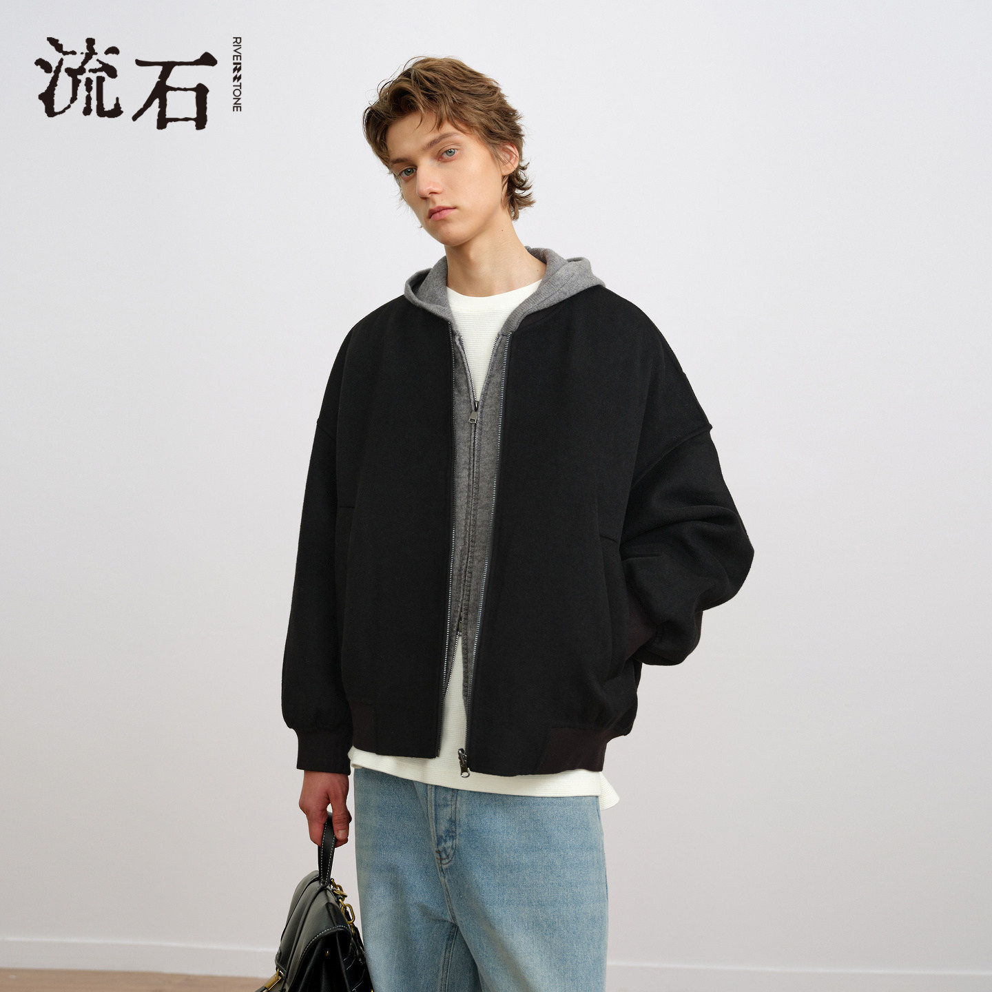 流石男装羊毛呢棒球领短款夹克2025年冬季新款男士高级感时尚外套