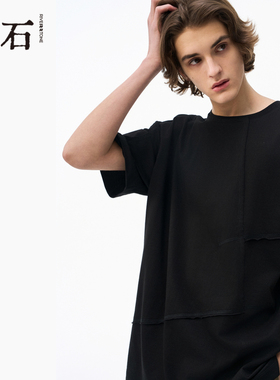 流石男装黑色圆领短袖T恤2026年夏季新款透气宽松纯棉经典上衣男