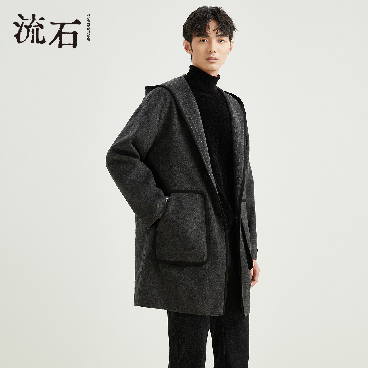 流石男装中长款大衣羊毛呢大衣男