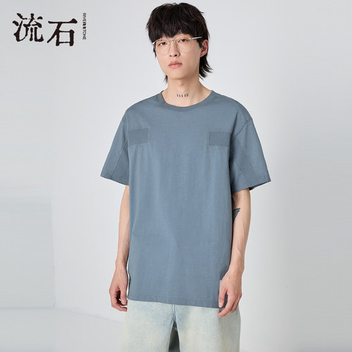 流石男装圆领宽松纯棉短袖T恤潮