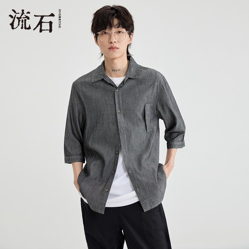 男装夏装高级感透气中袖短袖衬衣