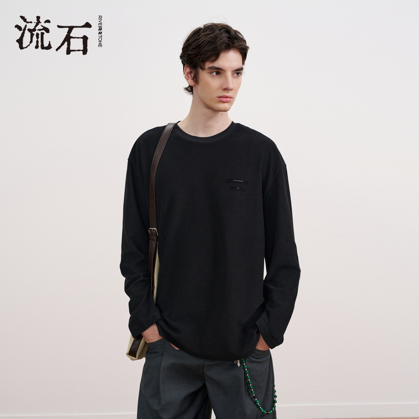 流石男装重磅圆领长袖T恤2026年春季新款男士毛圈个性打底套头衫