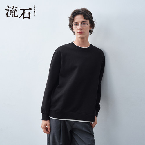 流石男装假两件时尚撞色圆领卫衣