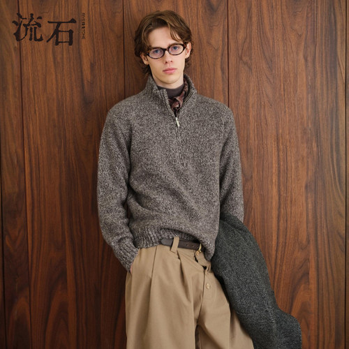 商场同款流石男装半拉链纯羊毛衫