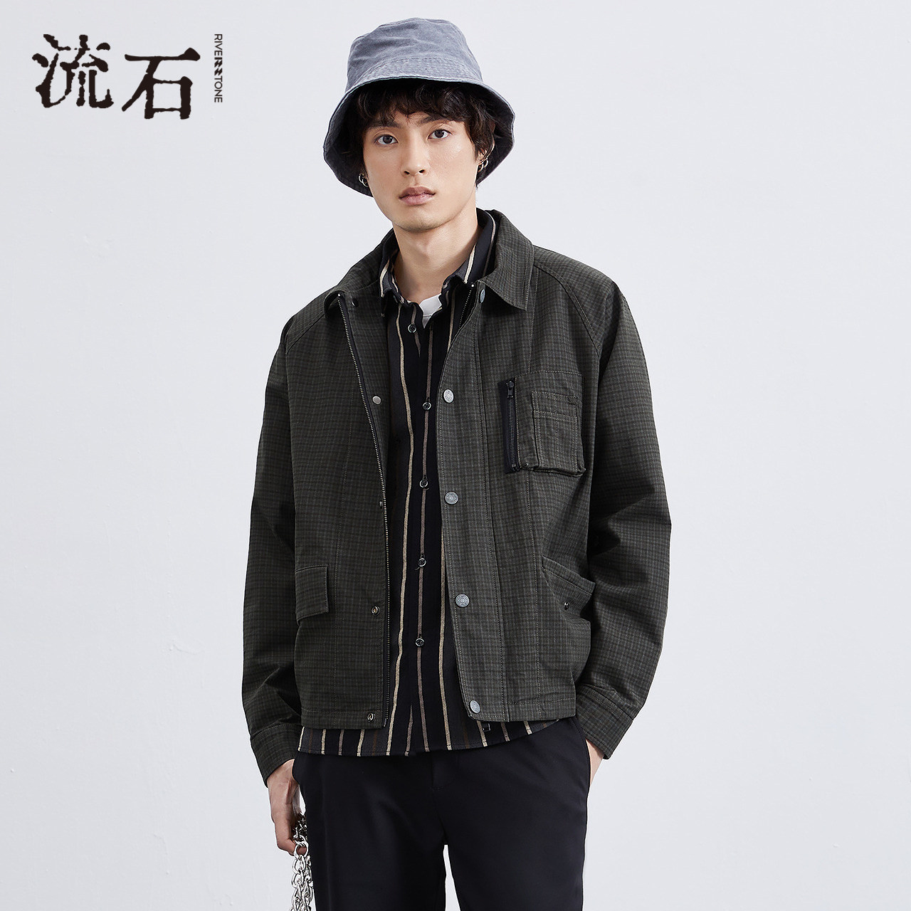 流石男装春装工装格纹休闲短款夹克2026年新款高级感复古衬衫外套