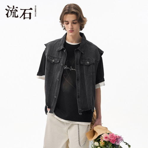商场同款流石男装重水洗牛仔马夹