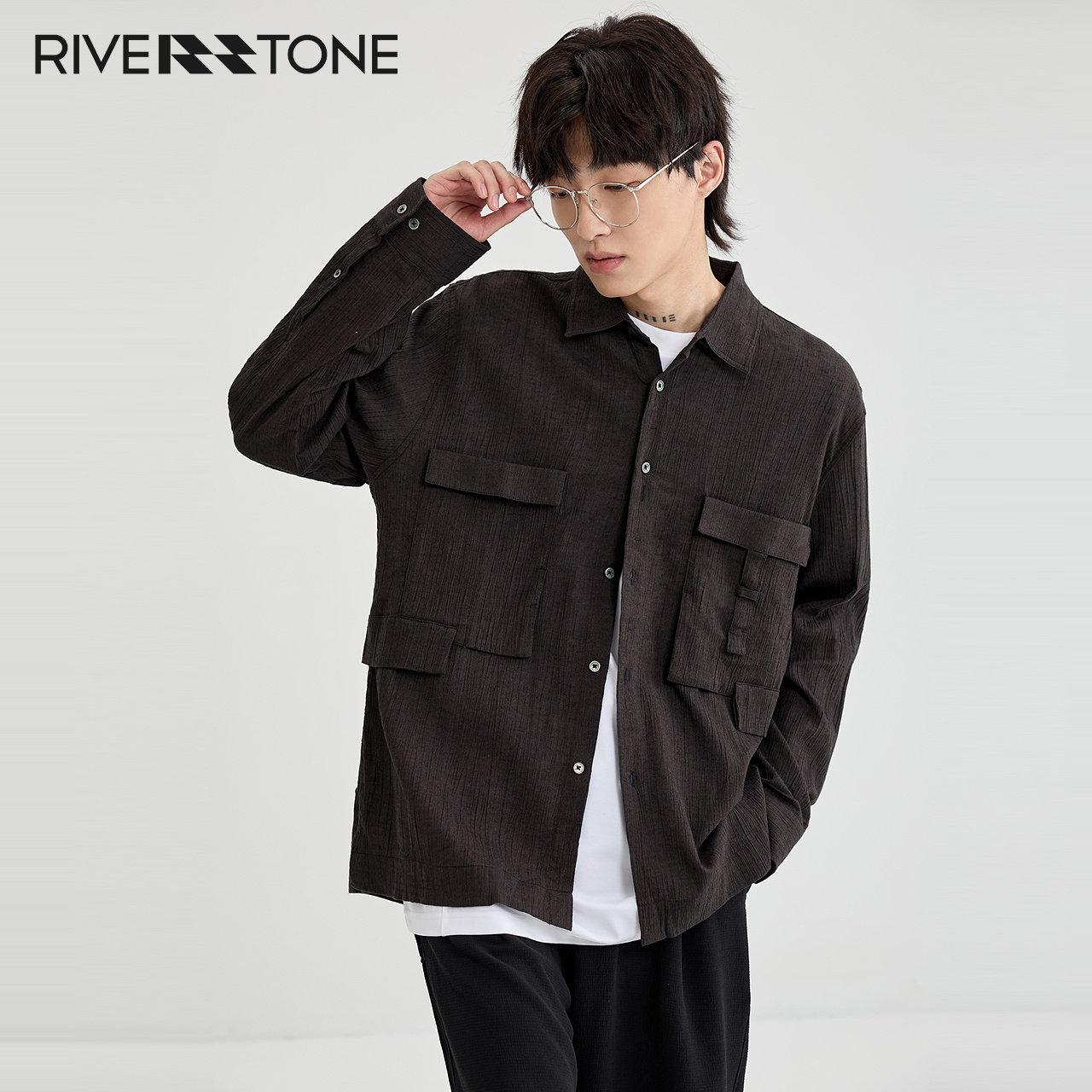 rs男装秋装复古机能风衬衫2024新款春秋季男士宽松亚麻薄工装衬衣