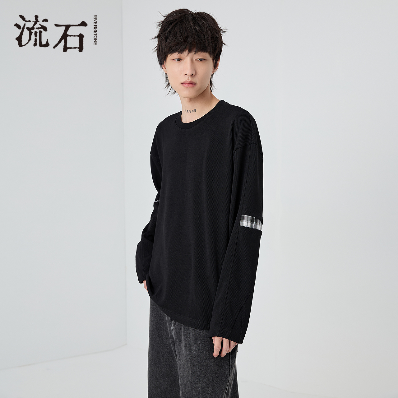 商场同款流石男装拼接长袖T恤潮