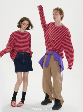 riverstone男女同款宽松复古条纹长袖T恤2026春季新款撞色打底衫