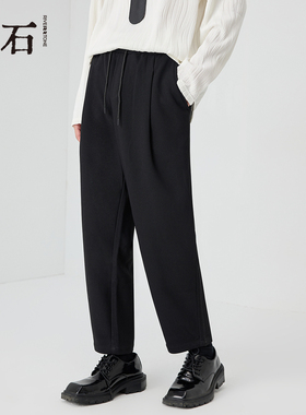 RS流石男装经典简约抽绳九分裤2026年秋季新款男士黑色宽松休闲裤