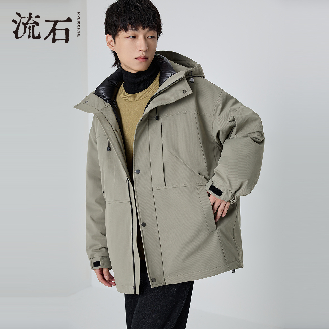 商场同款流石男装机能连帽羽绒服