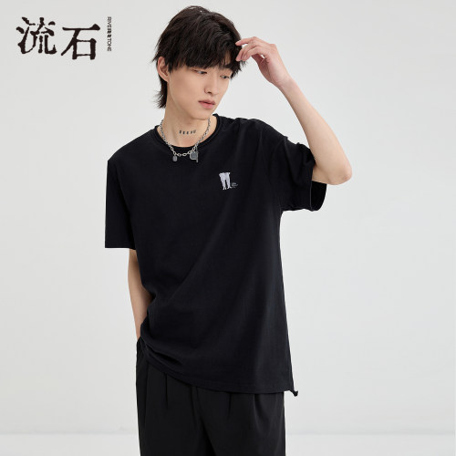 流石男装全棉宽松透气刺绣短袖T