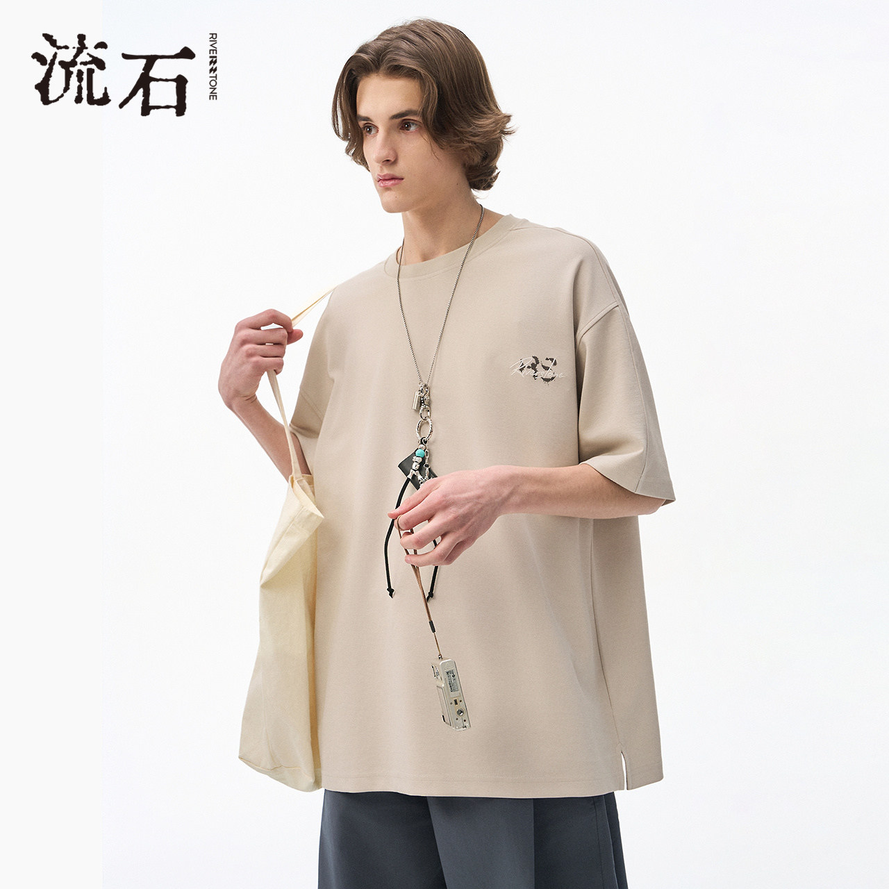 流石男装个性宽松印花短袖T恤衫2026年新款男士凉感文艺圆领上衣