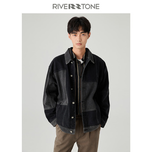 RS流石男装撞色拼接牛仔外套2023新款秋季男士时尚休闲高级感夹克