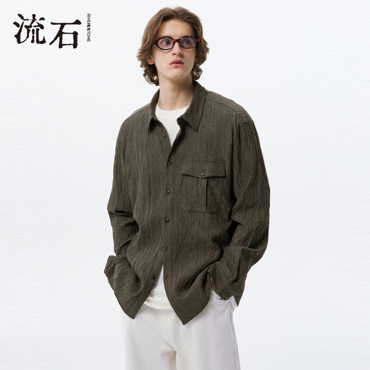 流石男装莱赛尔日系工装风衬衫2026年春季新款男士个性肌理感衬衣