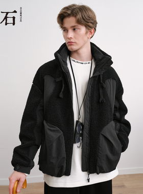 流石男装时尚仿羊羔毛拼接羽绒服2025年冬季男款黑色个性保暖外套