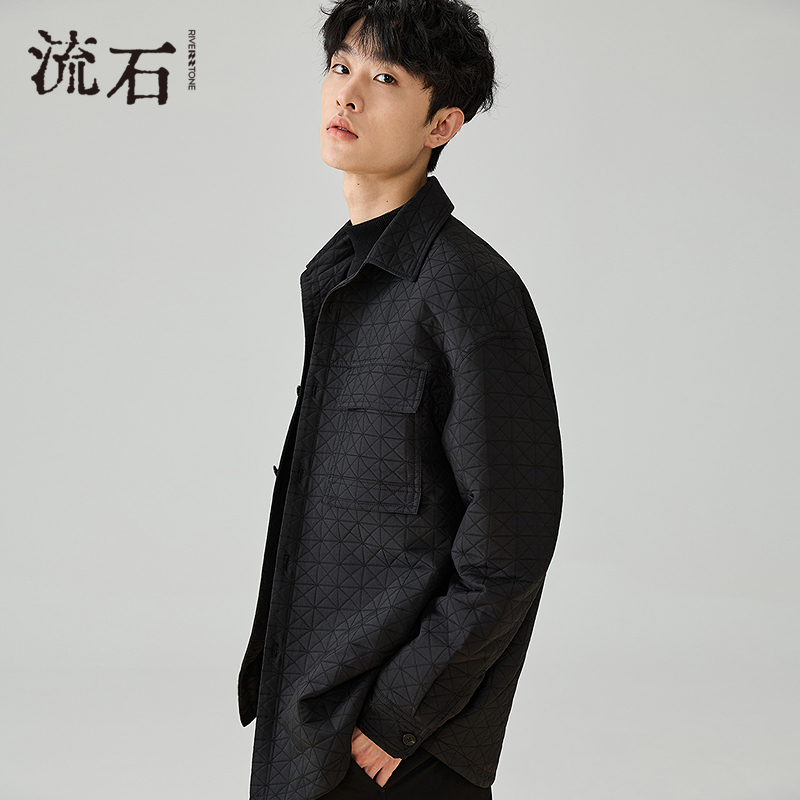 流石男装黑色时尚薄款棉服2025年冬季新款男士高级感衬衫外套夹克
