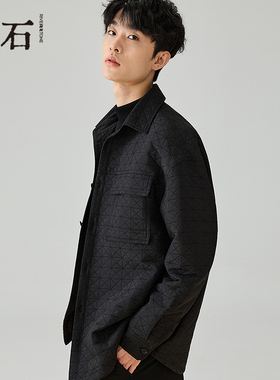 流石男装黑色时尚薄款棉服2025年冬季新款男士高级感衬衫外套夹克