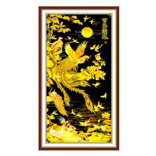 青飞精准印布百鸟朝凤十字绣金色凤凰新款客厅玄关画越南柬埔寨