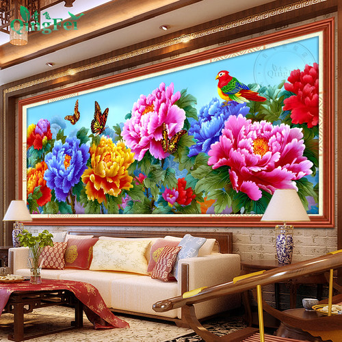 青飞精准印花花开富贵十字绣喜上花鸟横版客厅装饰画花卉手工刺绣