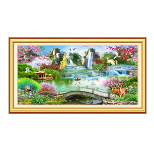 青飞精准印布流水生财廊桥遗梦十字绣聚宝瀑布彩虹山水挂画越南