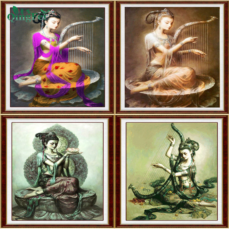 青飞精准敦煌莲台琴音十字绣仙女人物观音古典抚琴竖版绣