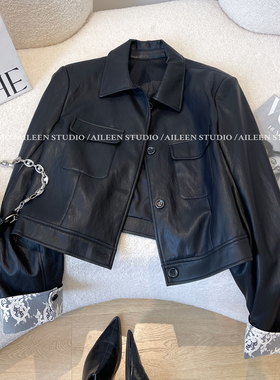 黑色蕾丝皮衣外套女短款2025春装新款休闲百搭小个子皮夹克上衣潮