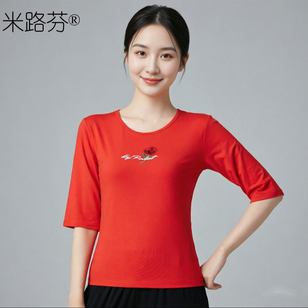 广场舞服装中袖上衣长袖新款莫代尔跳舞衣服舞蹈服绣花民族服装女