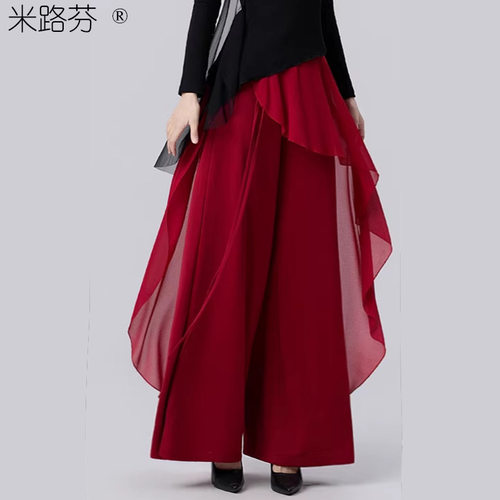 新款古典舞阔腿舞蹈裤女宽松飘逸练功演出红色高腰显瘦气质长裤子