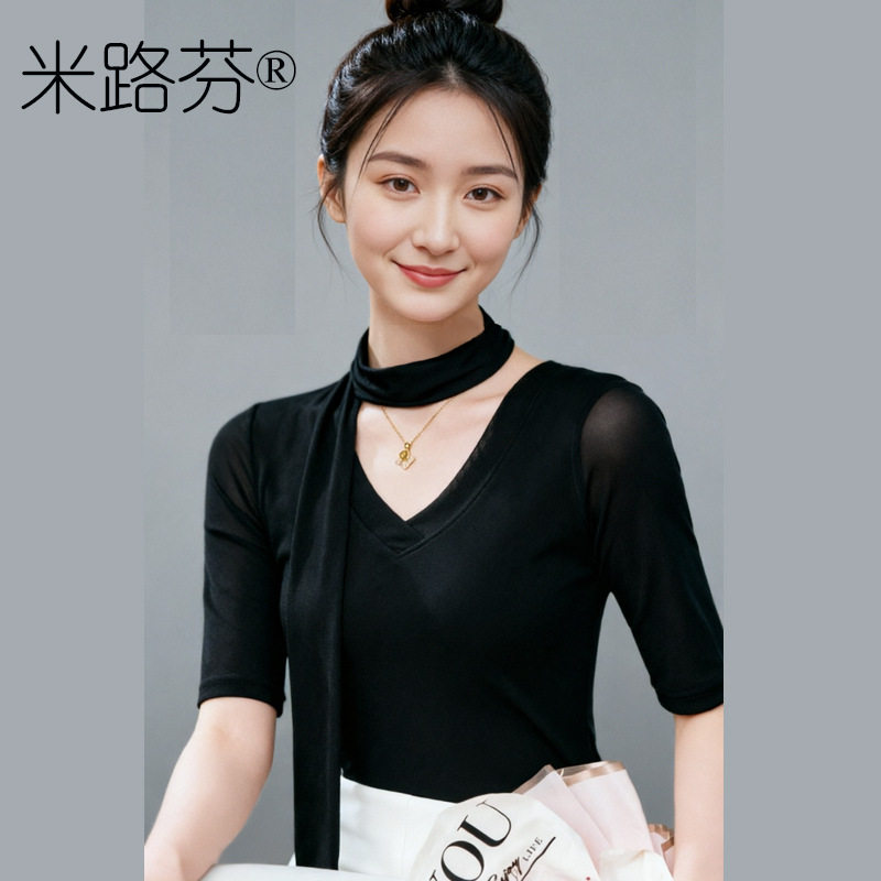 春秋女装新款薄款网纱打底衫新款洋气小衫显瘦修身上衣中袖t恤