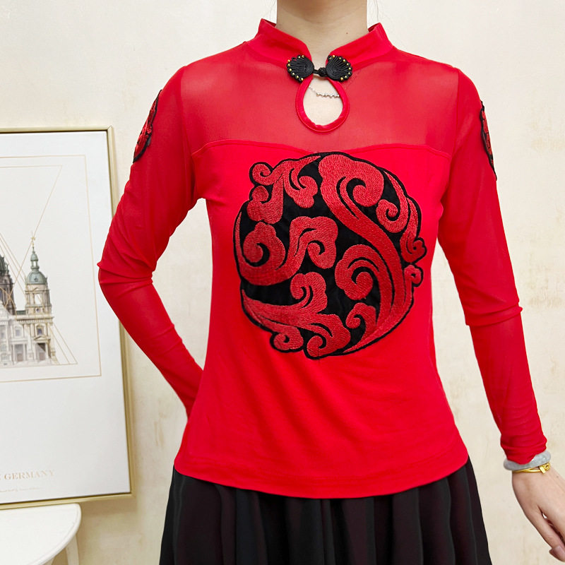 广场舞中国风民族舞上衣女春夏旗袍领盘扣跳舞新疆舞表演出舞蹈服