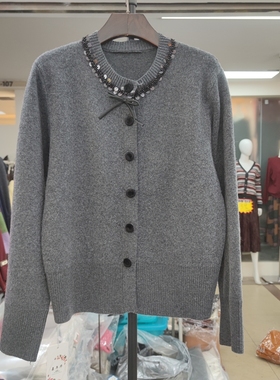 58037春季新款女圆领长袖纯色针织衫毛衣开衫外套上衣钉珠蝴蝶结