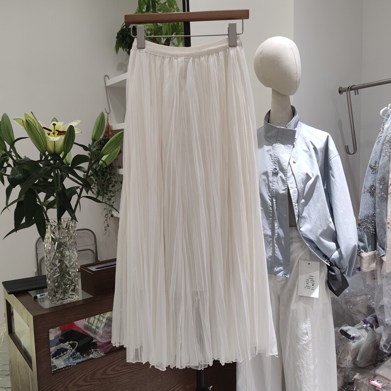 9115春夏女松紧腰半身裙纯色简约休闲中长款A字裙雪纺百褶裙三层
