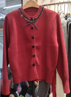 58037秋冬新款女圆领长袖纯色针织衫毛衣开衫外套上衣钉珠蝴蝶结