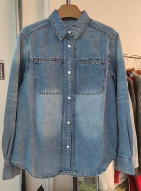 26032春季女翻领长袖牛仔衬衫外套纯色简约百搭上衣外穿中长款