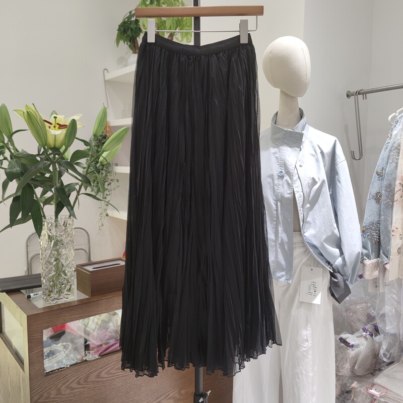 9115春夏女松紧腰半身裙纯色简约休闲中长款A字裙雪纺百褶裙三层